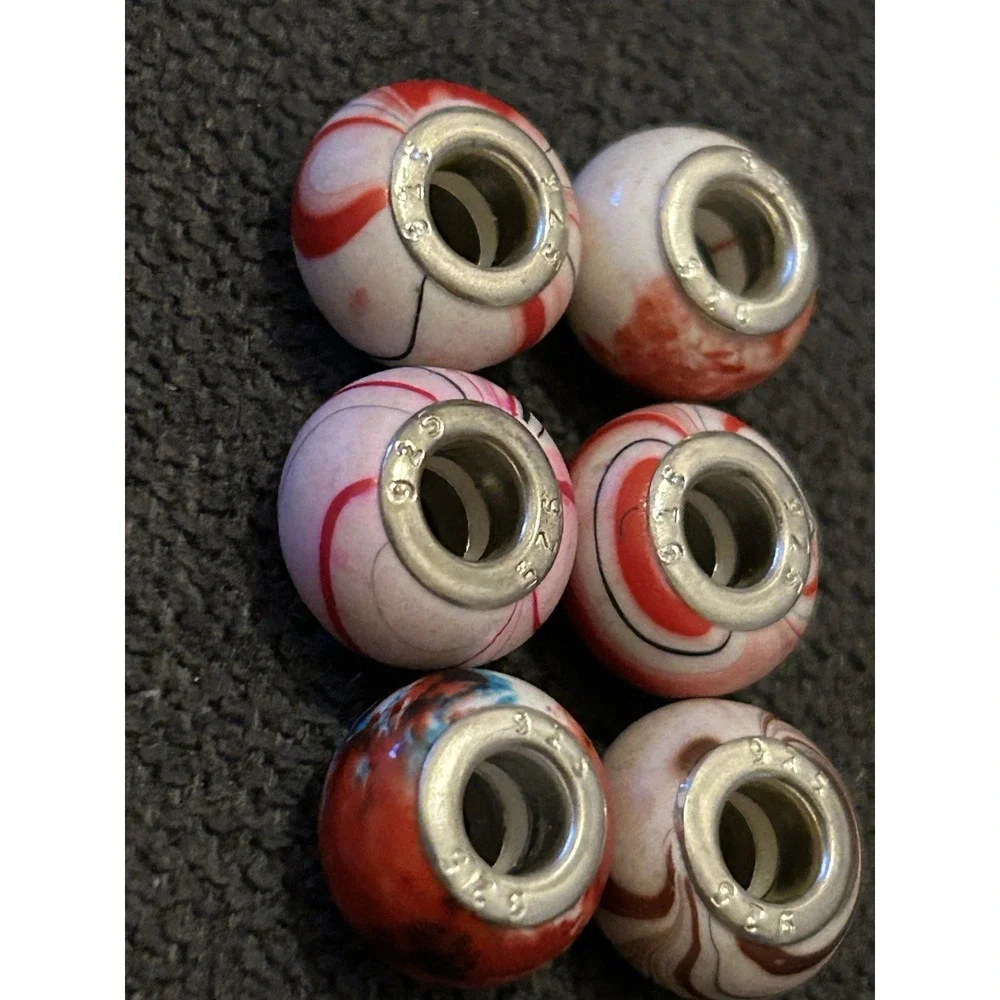 Lot of 6 Sterling Silver Core Bracelet Charm Beads Lampwork Glass Style 925 9